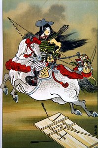 Tomoe, statečná bojovnice Japonska během období Genji a Heishi (barva litho)