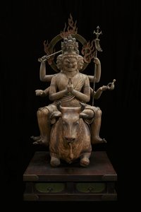 Moudrý král úcty inspirující síly (Daiitoku Myōō) (polychromované dřevo s křišťálem, zlatým listem a kovem) od Japanese School