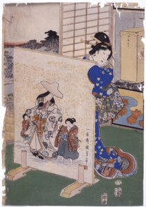 Žena stojí za Tsuitate s obrazem S. "Kunisada" (barevný dřevoryt) od School Japanese