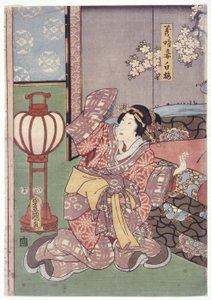 Yoshitokiho manželka, Shiraume (barevný dřevoryt) od School Japanese