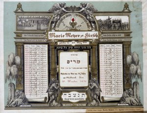 Pamětní kalendář pro budoucí zádušní služby zesnulého blízkého příbuzného. Jahrzeit malba. Židovské muzeum v Basileji, Švýcarsko.