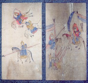 Deska z osmistěnného plátna zobrazující příběh tří království (přírodní pigmenty na papíře) od School Korean