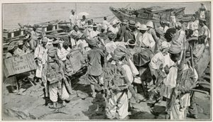 Korejští nosiči v přístavu Chemulpo (Jižní Korea), vykládající harampádí - Ilustrace po fotografii z 19. století od J. de Pange, Z cestování po Koreji od doktora Hagena od School Korean