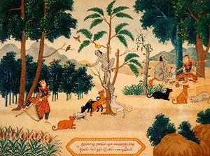 Ilustrace buddhistických příběhů, cca 1920 (barevná litografie)