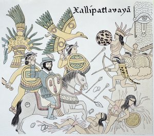 Boj mezi Španěly a Aztéky v bitvě u Xallipatlavaya, ilustrace z faksimile mexické indiánské obrazové historie "Lienzo de Tlaxcala" z roku 1550.