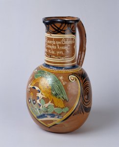 Lidové umění: pulque sklenice (fermentovaný agávový alkohol) z malované a lakované terakoty, z Mexika. 1972 Valley Museum, Barcelonnette (Alpes de Haute Provence)