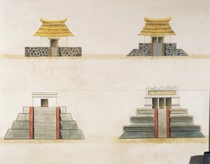 Historická rekonstrukce budov v Tenochtitlánu (barevná litografie)