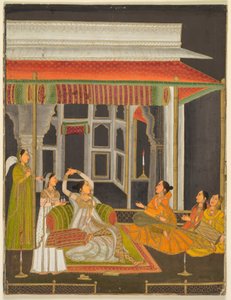 Princezna na terase s doprovodem v noci (recto); kaligrafie (verso), kolem roku 1760 (neprůhledný akvarel se zlatem na papíře) od School Mughal