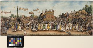 Akbar Shah II jede na slonovi v obrovském průvodu, kolem roku 1835 (neprůhledný akvarel a zlato na slonovině)
