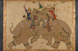 Elephant Combat (inkoust, pigmenty na papíře připevněné na kartonu)