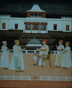 Hazan Riza předkládá prosbu Nawabovi z Oudhaa v mughalské zahradě od School Mughal