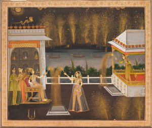 Dámy slavící Diwali, cca 1760 (neprůhledný akvarel a zlato na papíře) od School Mughal