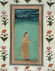 Dáma držící květinu z malého alba Clive (neprůhledný akvarel na papíře) od School Mughal