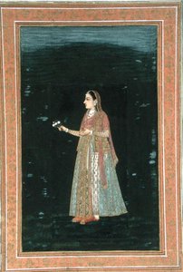 Dáma držící květiny, z malého alba Clive (neprůhledný akvarel na papíře) od School Mughal