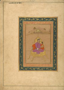 3. mughalský císař Akbar seděl na královském trůnu a držel svou korunu od School Mughal
