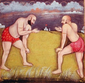 Dva zápasníci, začátek 19. století (kvaš na papíře) od School Mughal