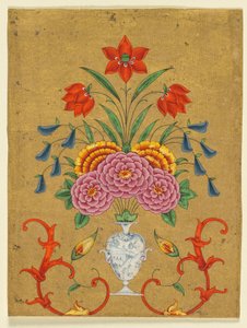 Váza s květinovým aranžmá a svitky, asi 1750-1800 (neprůhledný akvarel se zlatem na papíře) od School Mughal