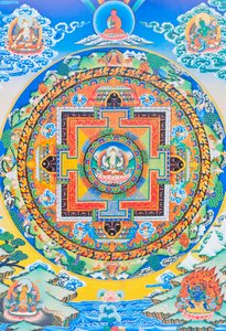 mandala Chenresi; středová postava znázorňuje Buddhu soucitu, nebeský projev Amitavy Buddhy, vždy blízko trpícím bytostem (kvaš na látce)