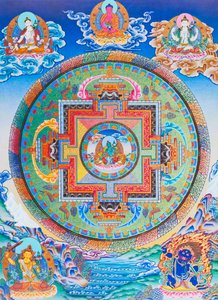 Zelená Tara Mandala zobrazující mateřskou ochránkyni před všemi nebezpečími v oceánu existence (kvaš na látce)