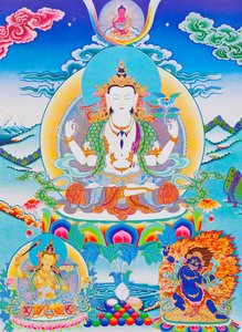 Obrázek znázorňující Chenresiho, pána šesti slabik „Óm Mani Padme Hum“ (kvaš na látce) od School Nepalese