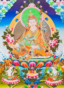 Obrázek znázorňující Padmasambhavu a gurua Rinpočheho, zbožštěného apoštola tibetského tantrismu, o kterém se říká, že získal kontrolu nad démony a duchy (kvaš na látce)