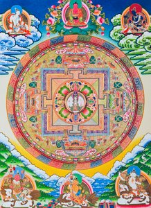 Mandala s tisíci pažemi Avalokiteshvara; posvátný, magický kruh zobrazující jedenáctihlavého bódhisattvu symbolizující nekonečný soucit (kvaš na látce)