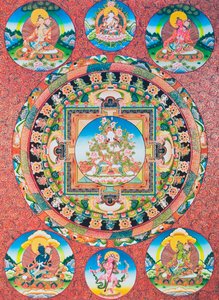 White Tara Mandala; sedmioké ženské božstvo buddhistického panteonu představující bohyni soucitu a ochránkyni lidských bytostí (kvaš na látce)