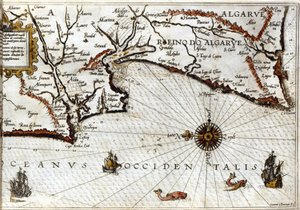 Cape Sagres (neboli Posvátný mys) na konci Portugalska po portulánu Luca J. Waghenaera Treesor zeevaert vytištěný v Leidenu v roce 1592 od School Netherlandish