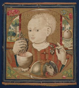 Jezulátko lisuje eucharistické víno, cca 1500 (lněné osnovní, vlněné, hedvábné a zlacené útkové příze) od School Netherlandish