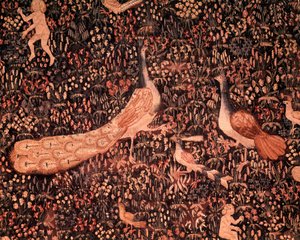Opona života Seignuriale: detail zobrazující ptáky, páv. Vlněný a hedvábný gobelín vyrobený kolem roku 1520 v Nizozemsku. Slunce 2,6x3,7 m Paříž, národní muzeum středověku, Thermes de Cluny od School Netherlandish