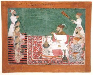 Rádža Deep Chand a jeho přátelé kouřící vodní dýmku, Bijapur, asi 1760 (kvaš na papíře)