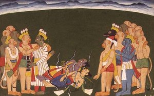 Ráma a Lakšmana zaútočili nagapasou z ‚Sangri Ramayana‘, Kulu-Mandi, Himáčalpradéš
