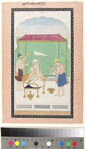 Randžít Singh sedící na zlaté židli, za přítomnosti morchonoše a obsluhovaný, kolem roku 1830 (neprůhledné w/c a zlato na papíře)