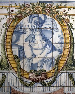 Ornamentální panel s portrétem ženy, Royal factory of Louca, Ratio, fajáns polychromovaný od School Portuguese