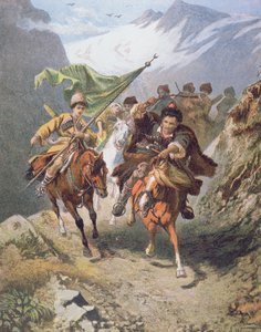 Kavkazští kozáci se vracejí z nájezdu na osadu muslimských kozáků s ukořistěným praporem půlměsíce (barva litho) od School Russian