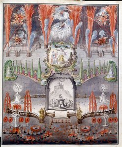 Ohňostroj a iluminace 17. září 1747 v Gostilitsy (Rusko). Anonymní dílo, mědirytina kolorovaná akvarelem, polovina 18. století. ruské umění od School Russian