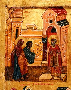 Ikona zobrazující Joachima a Annu na návštěvě jeruzalémského chrámu, kolem roku 1550 (tempera a plátkové zlato na panelu) (detail 314500) od School Russian