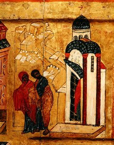 Ikona zobrazující dary Joachima a Anny, které byly odmítnuty kvůli jejich bezdětnosti, kolem roku 1550 (tempera a plátek zlata na panelu) (detail 314500) od School Russian