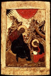 Ikona svatého Jana Evangelisty a jeho učedníka Prochora (lístkové zlato a tempera na panelu) od School Russian
