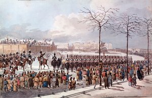 V roce 1825 povstání děkabristů (dekabristů) v budoucnu Mikuláše I. k získání nové ústavy. Rytina z roku 1830. Petrohrad. Knihovna Ermitáž od School Russian
