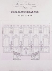 Vnitřní průčelí Přehlídkových schodů u Zimního paláce; Vnitřní fasáda Parade Staircase v Zimním paláci, kolem roku 1838 (kresba perem a tuší na papíře) od School Russian