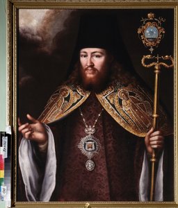 Portrét Archimandrita Gedeona Krinovského (1726-1763). (Představitel pravoslavného kláštera (opat), na hlavě klobouk a prsní klenot představující Svaté plátno. Obraz ruského mistra, olej na plátně od School Russian