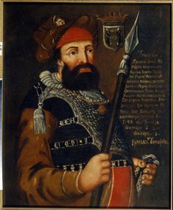 Portrét kozáckého vůdce, dobyvatele a průzkumníka Sibiře Jermaka Timofejeviče (nar. 1532 až 1542-1585) (Portrét kozáckého vůdce a dobyvatele Sibiře Jermaka Timofejeviče). Anonymní obraz, olej na plátně od School Russian
