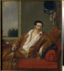 Portrét hraběte Vasilije Fedoroviče Gagarina. Aristokrat v županu je natažený na pohovce a v ruce drží knihu. Na stěně visí meč a vojenské atributy, vedle na podstavcovém stole šálek čaje. Anonymní obraz, olej od School Russian