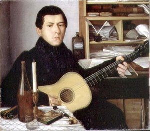 Portrét mladého muže s kytarou, kolem roku 1830 (olej na plátně) od School Russian