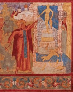 Svatý Abraham z Rostova (mort en 1074 nebo 1077) detruit les idoles de Veles - Abraham z Rostova ničí Velesovu sochu. Freska kostela svatého Jana apoštola v Rostovském Kremlu - starověké ruské fresky. Freska od School Russian