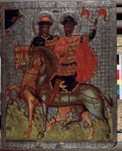 Svatí Boris (nebo Roman) a Gleb (nebo David) na koni (mučedníci v roce 1015) (Svatí Boris a Gleb na koni). Mladší synové svatého Vladimíra, velkoknížete Kyjeva, se vždy vyznačovali zbožností, ale po smrti svého otce, nejstaršího Svia od School Russian
