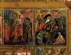 Vzkříšení a sestup do pekla, detail z Okraje svátků zobrazující Zvěstování a Narození Páně (tempera na panelu) od School Russian