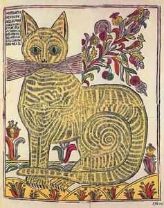 Kazaňská kočka, lidová kniha satirická ilustrace (lubok), kolem 1710 (rytina, akvarel)