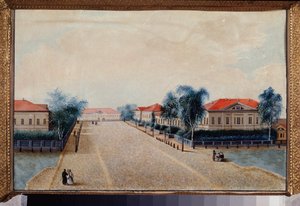 Pohled na státní pokladnu v Tveru (Rusko). Obraz ruského mistra, olej na plátně, kolem 1830. Ruské umění od School Russian